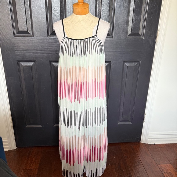 Alice + Olivia Pleated Silk Chiffon Maxi Dress Pastel Stripe Size Small - Picture 2 of 11